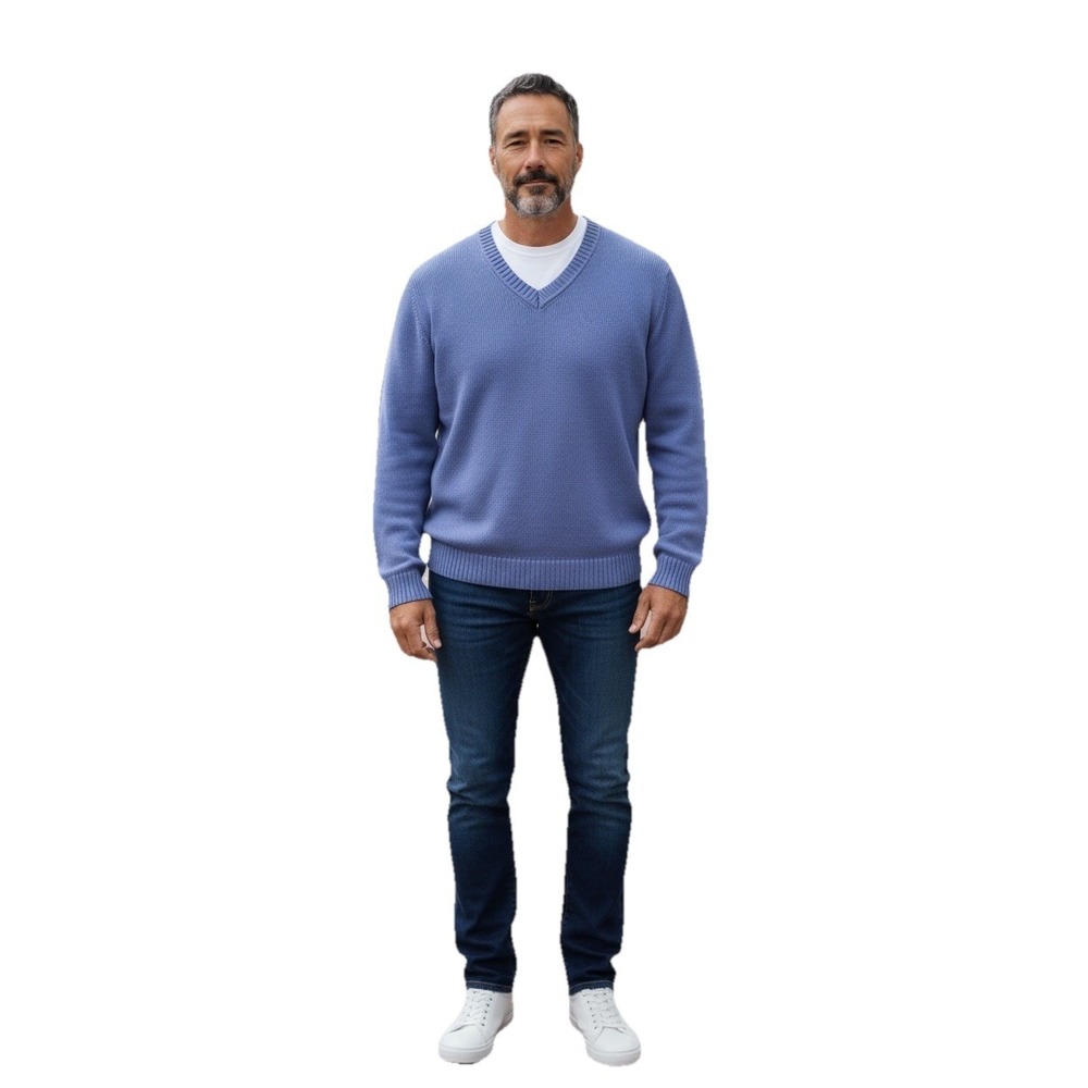 LL Bean Mens XL Blue V-Neck Pullover Knit Sweater Cotton Classic Outdoor Preppy